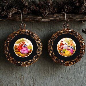 2 Vintage Porcelain Limoges Signed Fragonard Old Velvet Backs Brass Frames 3.5"